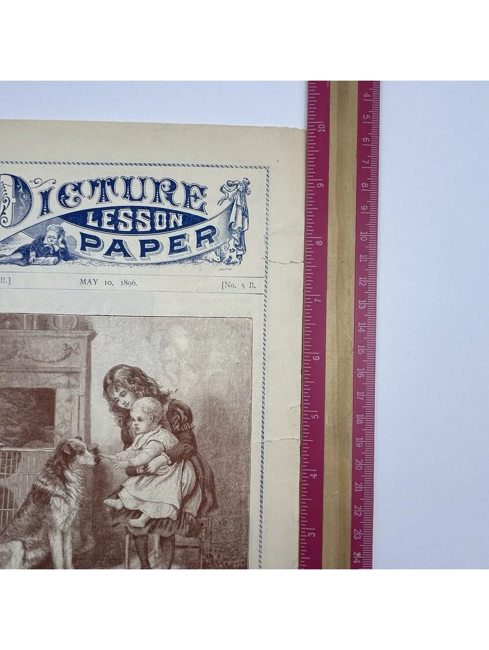 Antique 1896 Picture Lesson Paper Victorian Child Dog Engraving Print Art    C21